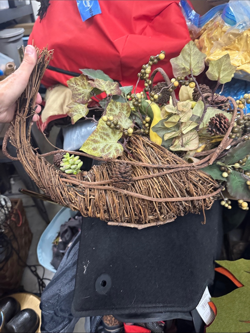 Autumn Harvest Cornucopia Wreath - Green and Brown Foliage - Picture 2 of 6